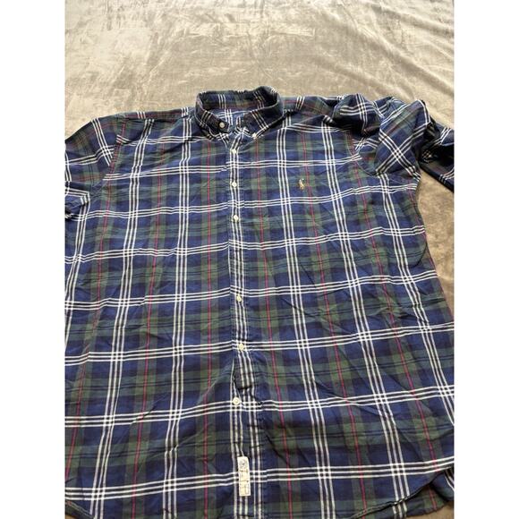 Polo Ralph Lauren Oxford Shirt Men 2XLT Blue Green Plaid Long Sleeve Button Down - Picture 1 of 7